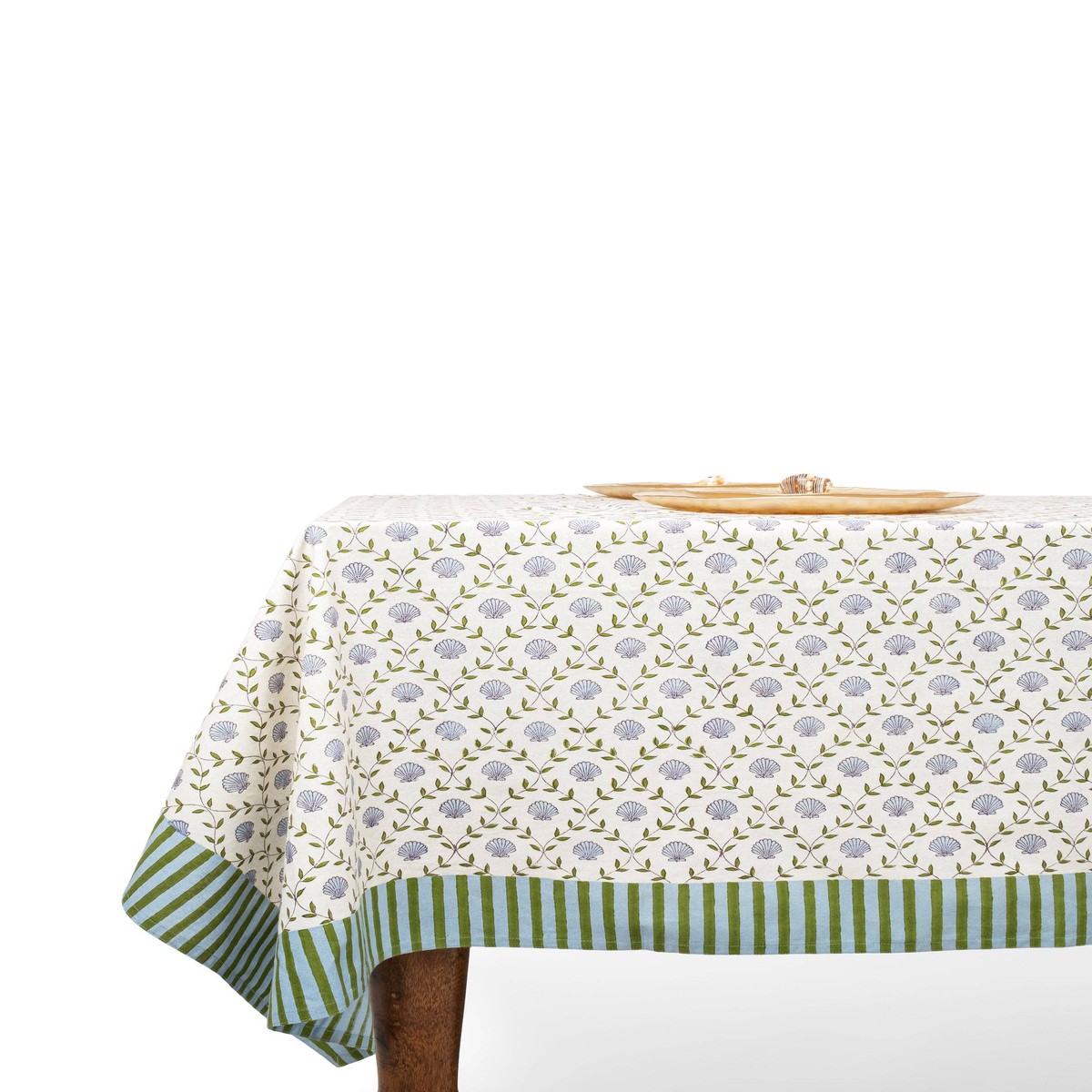 Blue Seashell Blockprint Tablecloth 70" x 120"